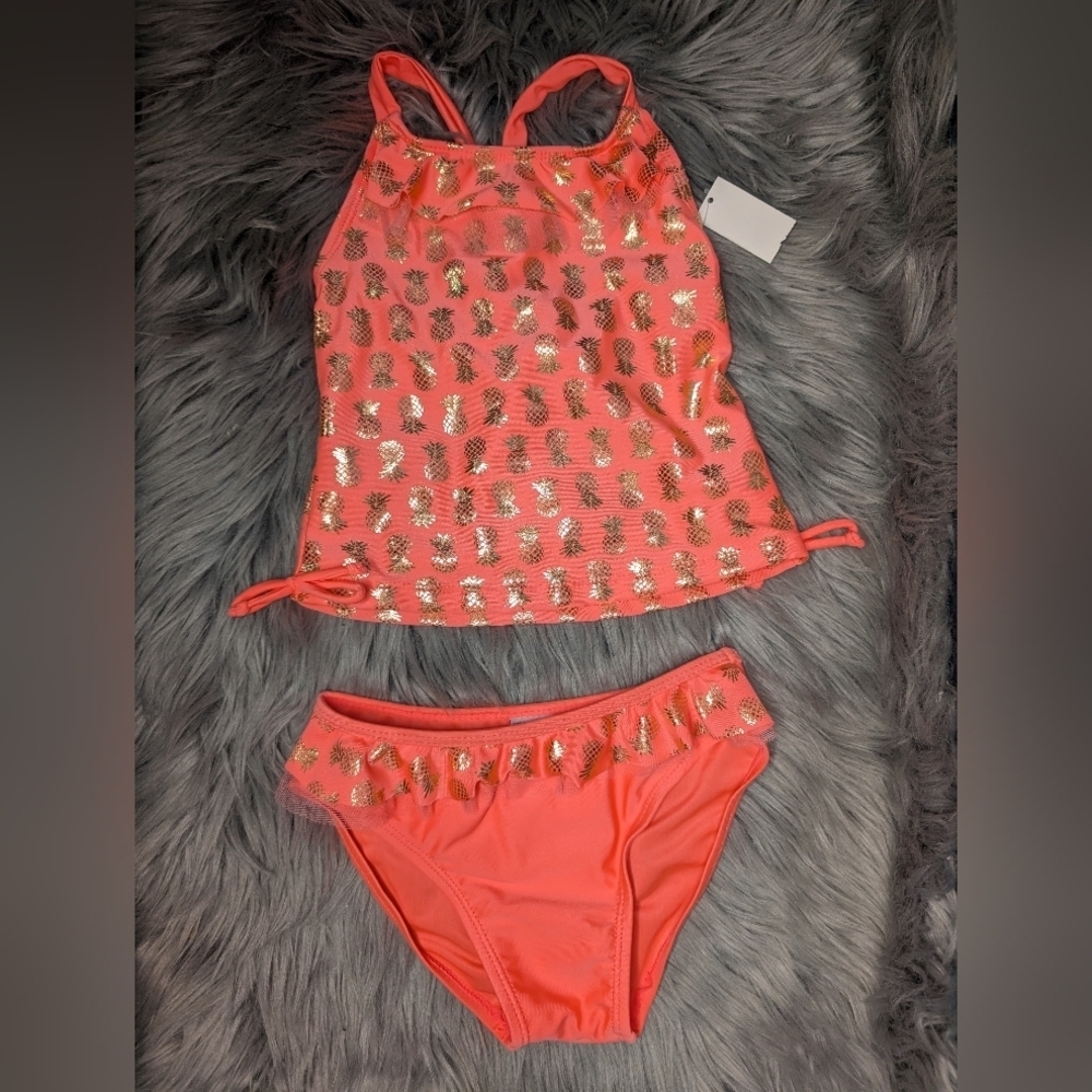 NWT Kids Coral and Gold Pineapple Swim Set Tankini